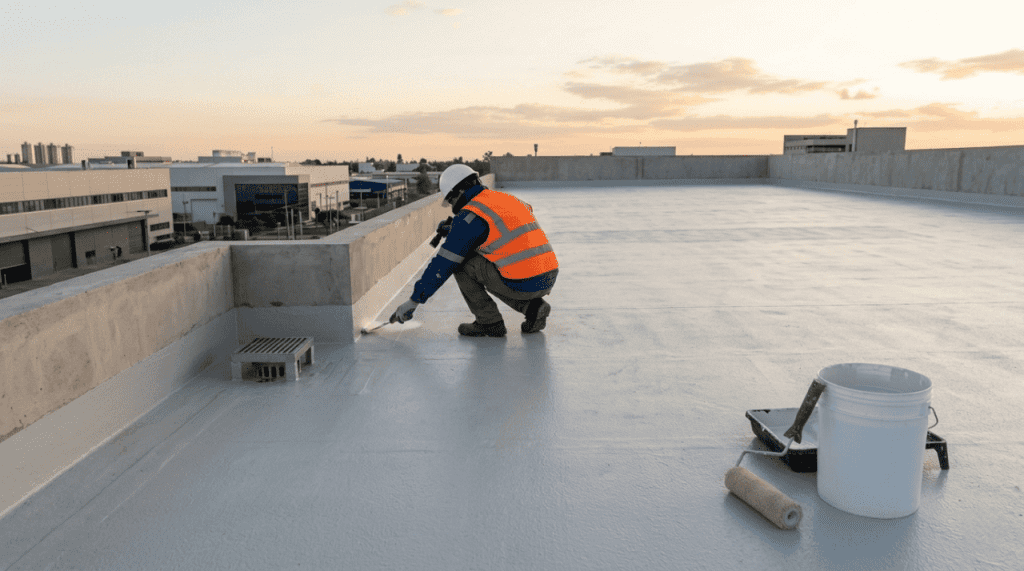 Impermeabilización en cubierta con acabado de poliuretano alifático aplicado de forma profesional.