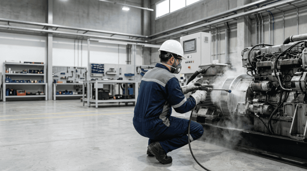 Técnico realizando limpieza criogénica con hielo seco sobre maquinaria industrial metálica.