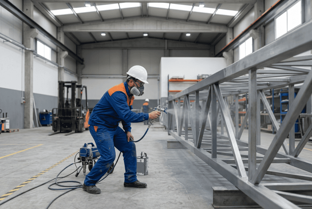 Pintor industrial aplicando recubrimiento técnico sobre estructura metálica en una nave industrial